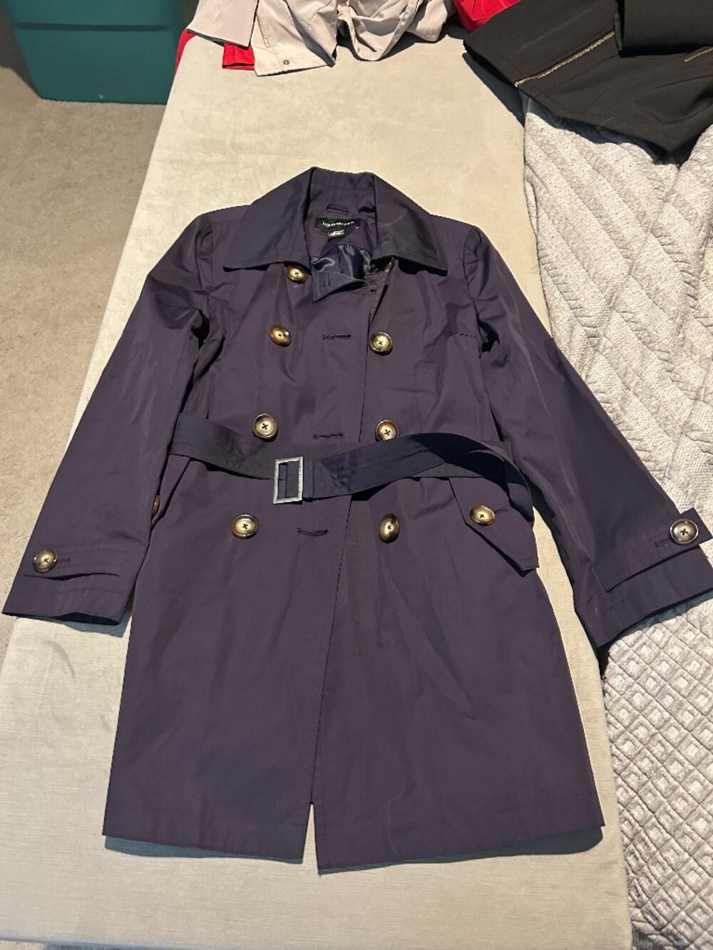 LONDON FOG Trench Coat Navy Blue Double Breasted Belted Size S